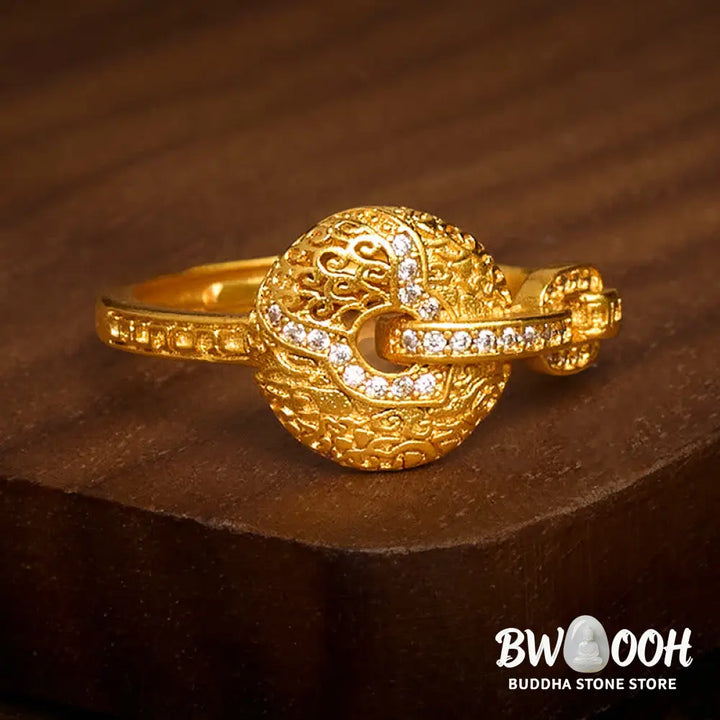 Buddha Stones 24k Gold Plated Brass Hollow Carved Design Peace Buckle Adjustable Fortune Ring - Adjustable - Ring