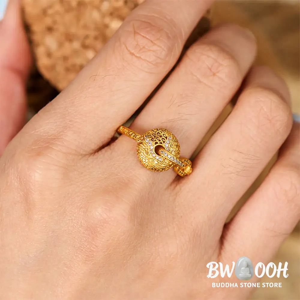 Buddha Stones 24k Gold Plated Brass Hollow Carved Design Peace Buckle Adjustable Fortune Ring - Adjustable - Ring