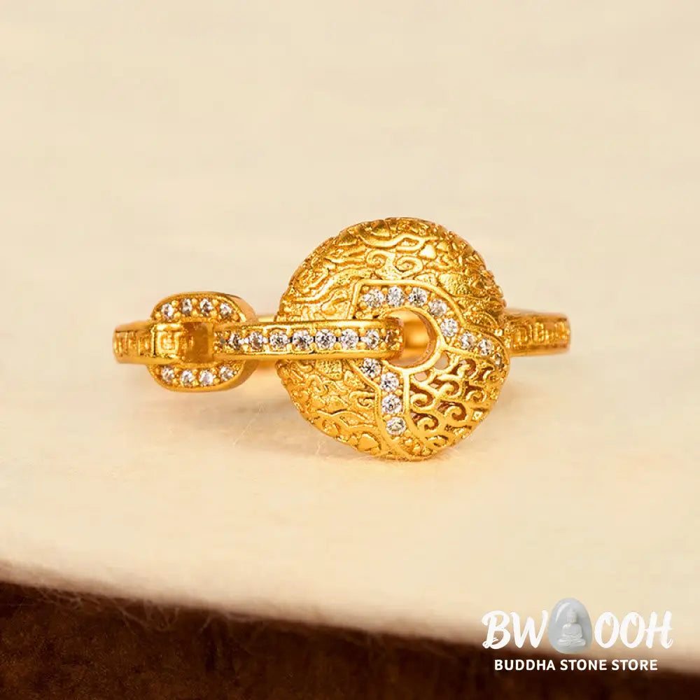 Buddha Stones 24k Gold Plated Brass Hollow Carved Design Peace Buckle Adjustable Fortune Ring - Adjustable - Ring