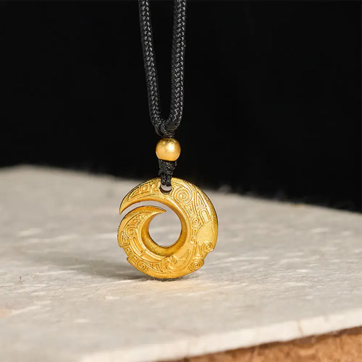 BWOOOH 24k Gold Plated Brass Peace Buckle Black Rope Auspicious Necklace Pendant