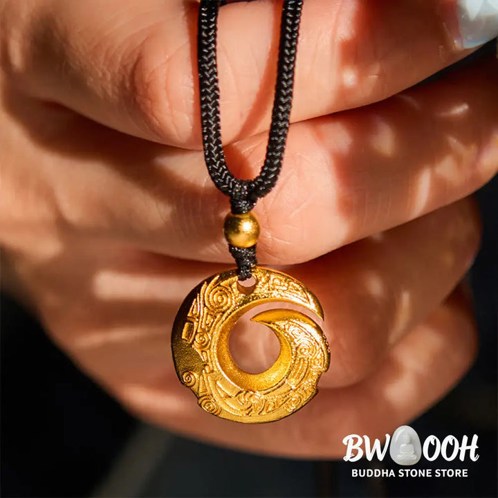 Buddha Stones 24k Gold Plated Brass Peace Buckle Black Rope Auspicious Necklace Pendant - BWOOOH - Peace Buckle