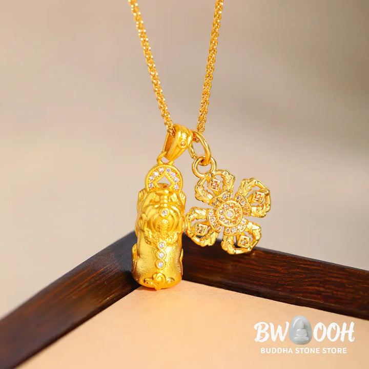Buddha Stones 24k Gold Plated Brass Pixiu Cross Dorje Vajra Wealth Chain Pendant Necklace - BWOOOH - Pixiu&amp;Vajra