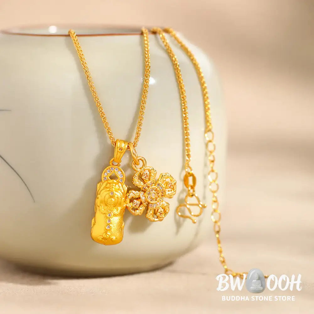Buddha Stones 24k Gold Plated Brass Pixiu Cross Dorje Vajra Wealth Chain Pendant Necklace - BWOOOH - Pixiu&amp;Vajra