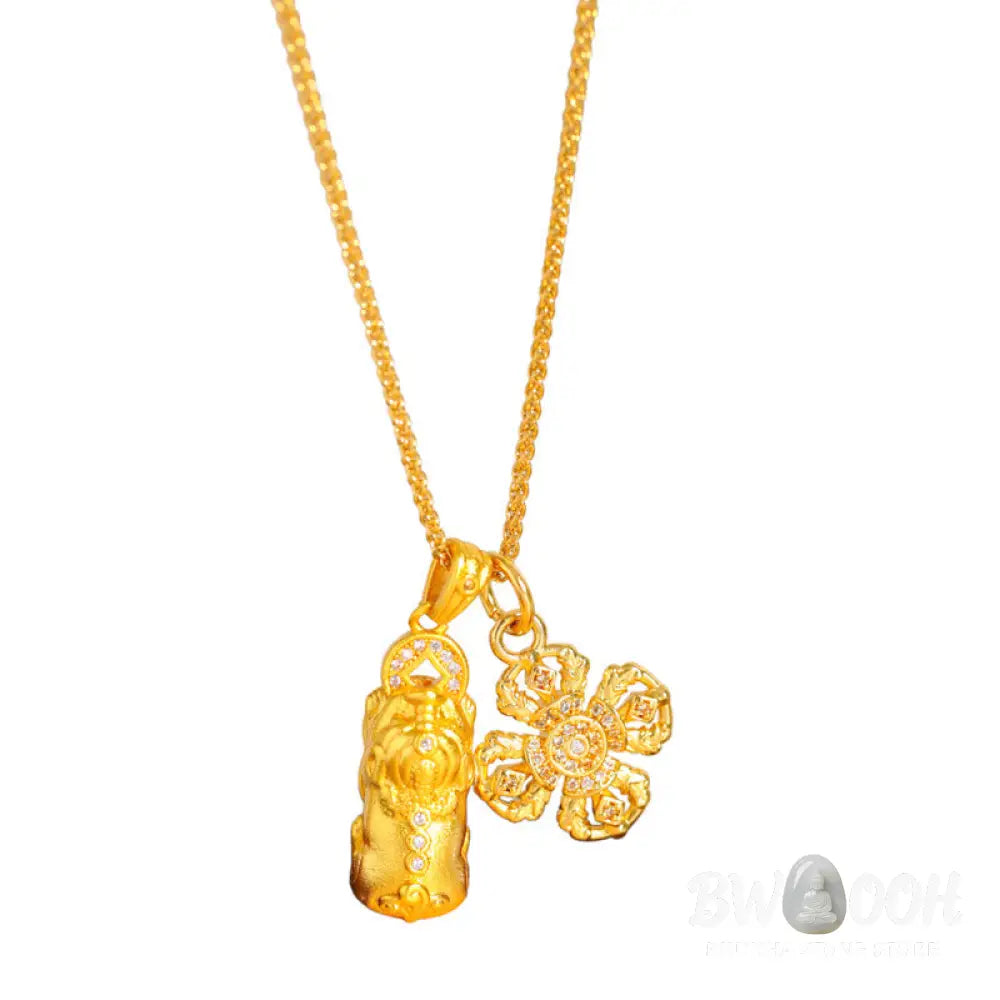 Buddha Stones 24k Gold Plated Brass Pixiu Cross Dorje Vajra Wealth Chain Pendant Necklace - BWOOOH - Pixiu&amp;Vajra