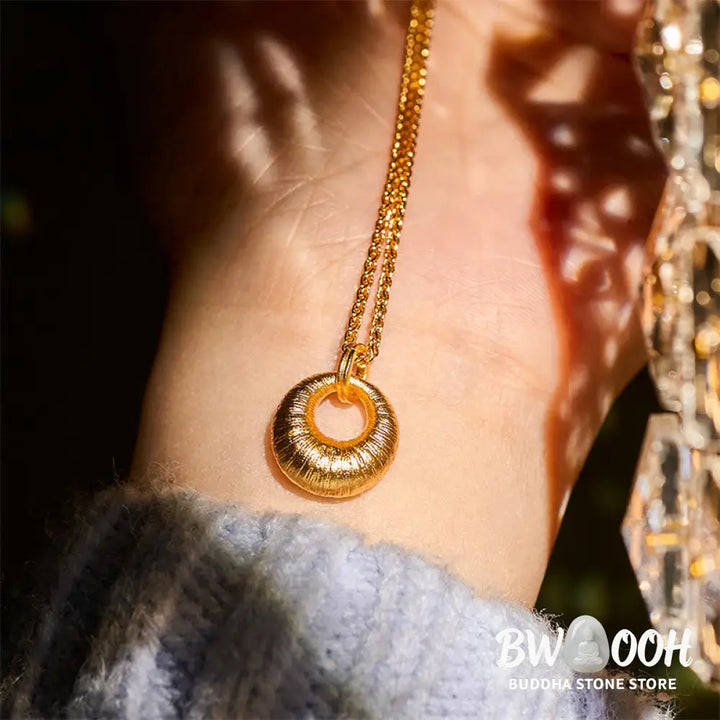 Buddha Stones 24k Gold Plated Copper Peace Buckle Texture Wealth Necklace Pendant - BWOOOH - Necklaces &amp; Pendants