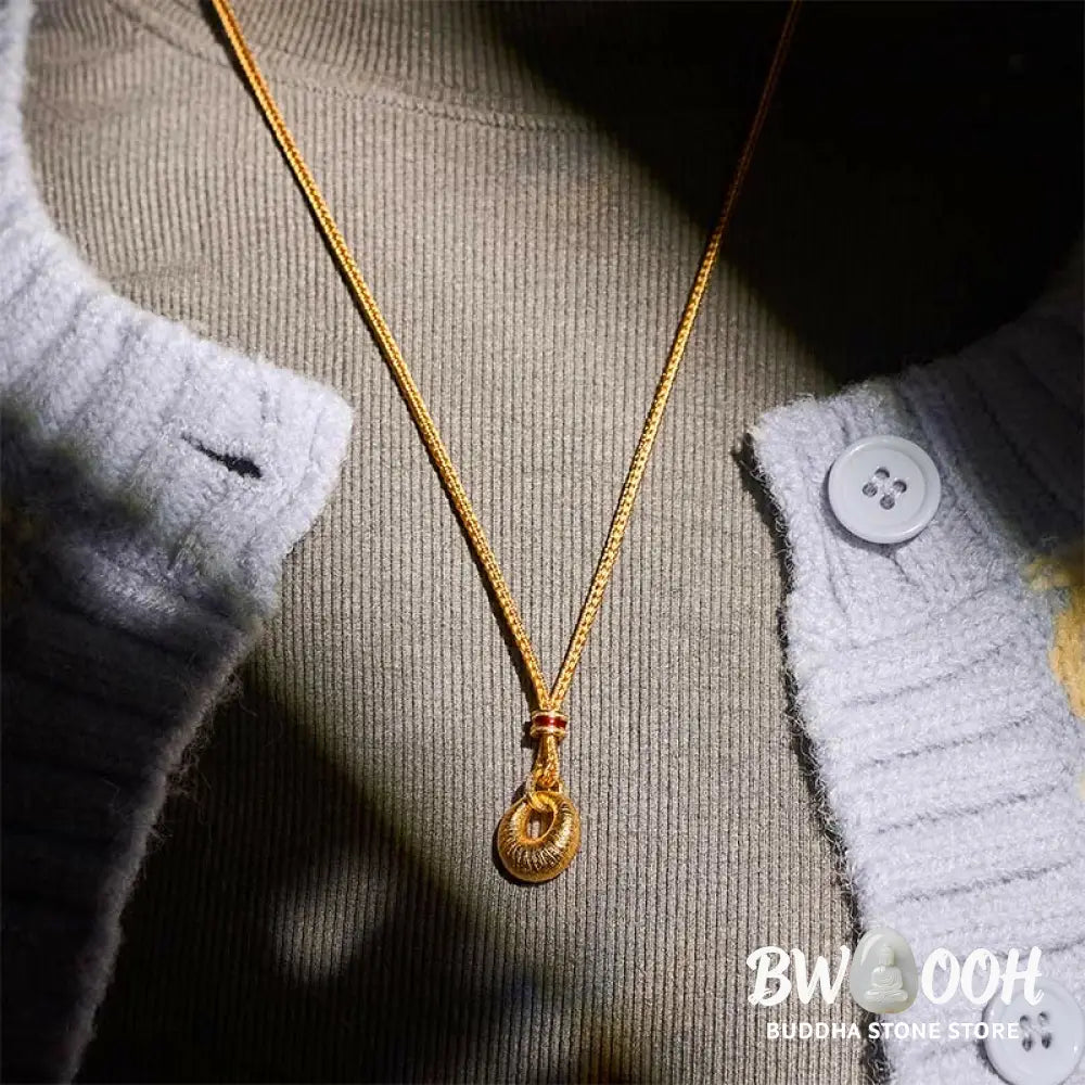 Buddha Stones 24k Gold Plated Copper Peace Buckle Texture Wealth Necklace Pendant - BWOOOH - Necklaces &amp; Pendants