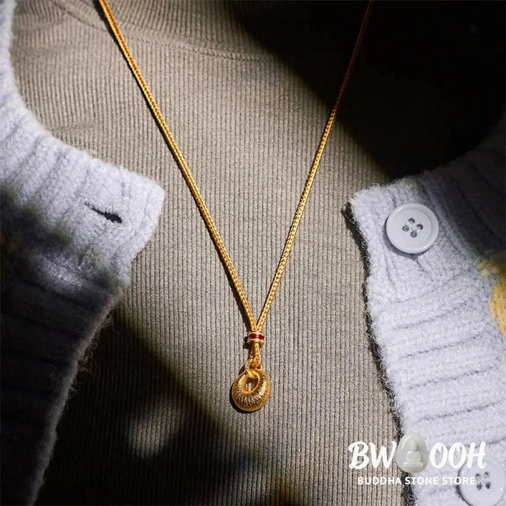 Buddha Stones 24k Gold Plated Copper Peace Buckle Texture Wealth Necklace Pendant - BWOOOH - Necklaces &amp; Pendants