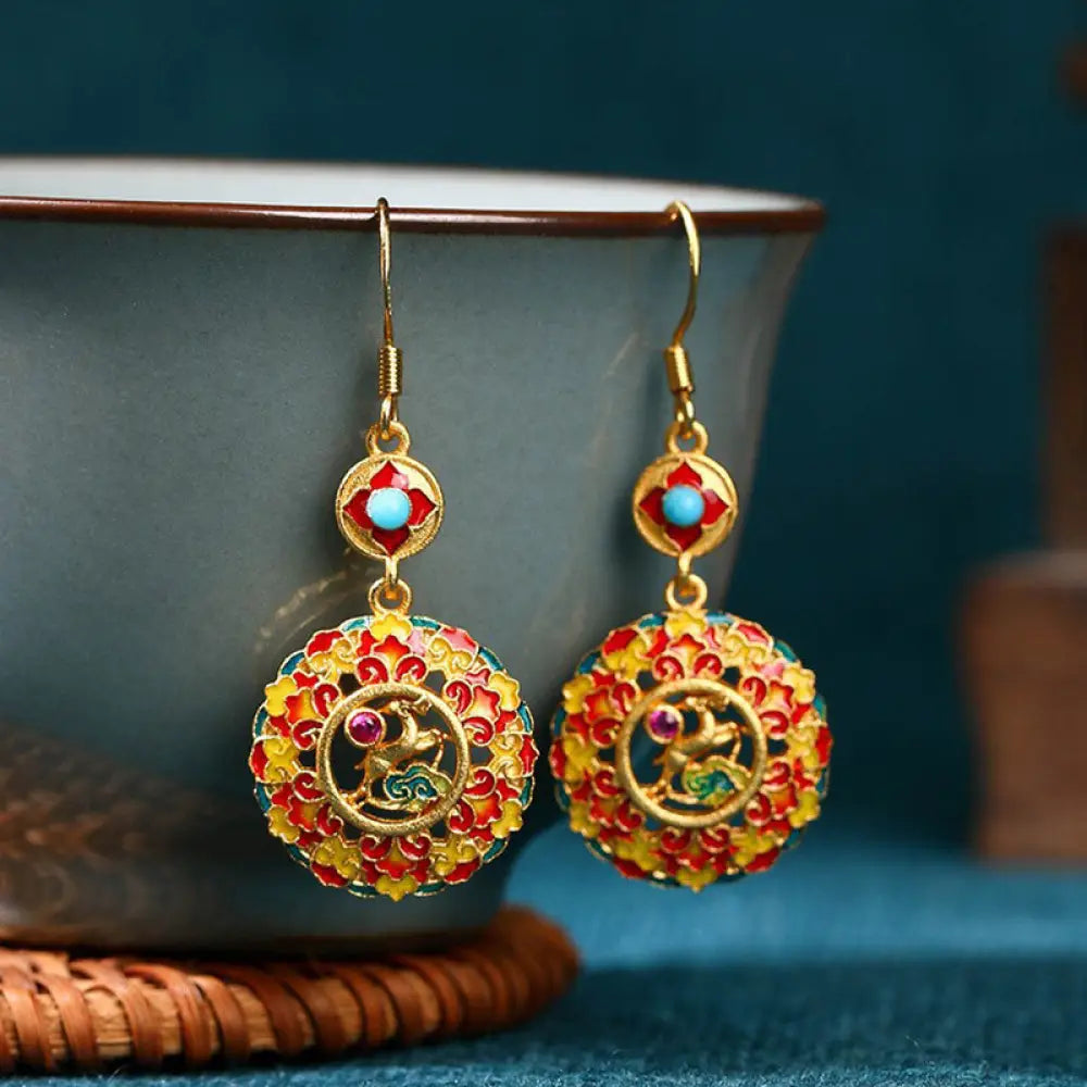 BWOOOH 24K Gold Plated Dunhuang Color Elk Copper Balance Drop Earrings — Gold Plated spiritual jewelry for spiritual heali...