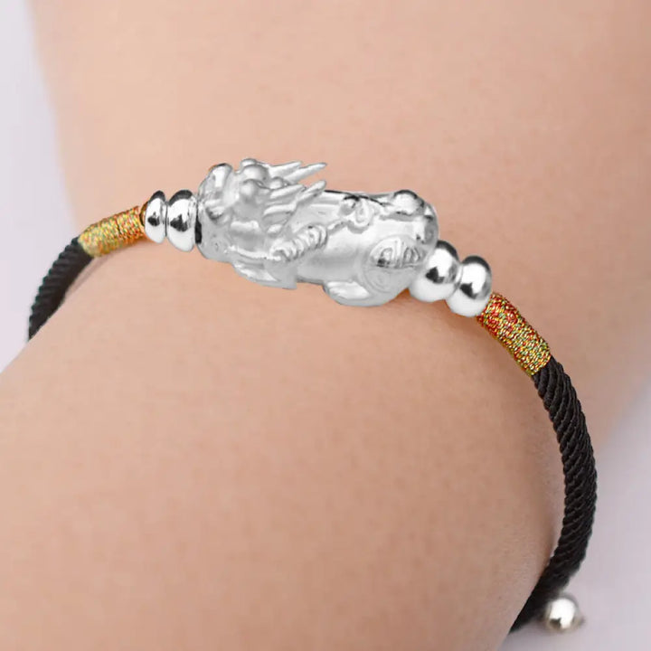 Buddha Stones 24K Gold-Plated PiXiu Luck Red String Bracelet - BWOOOH - Black String(Silver)(Wrist Circumference
