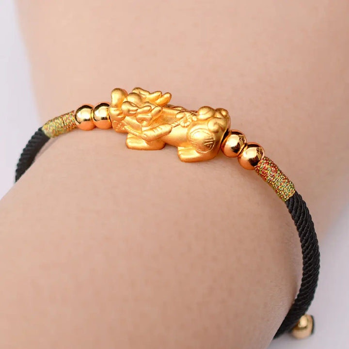 Buddha Stones 24K Gold-Plated PiXiu Luck Red String Bracelet - BWOOOH - Black String(Gold)(Wrist Circumference 12-19cm)