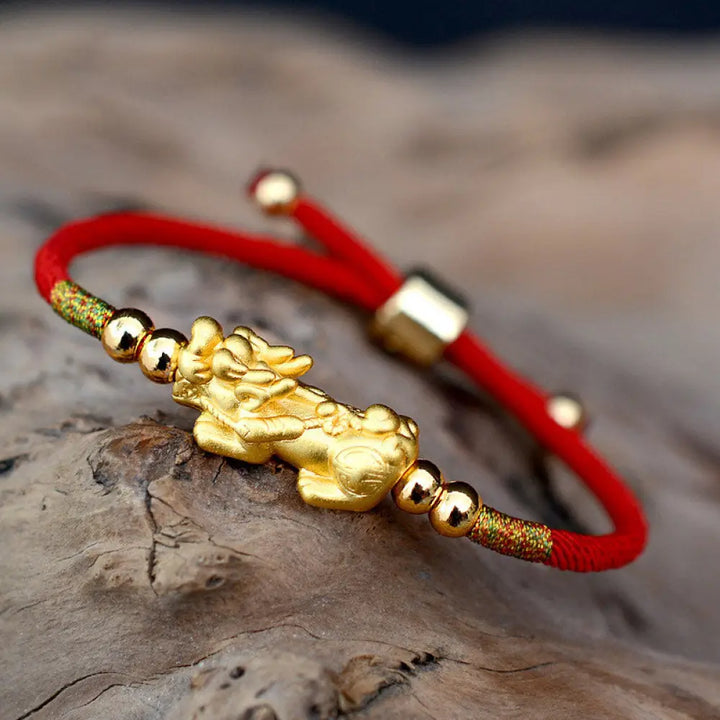 Buddha Stones 24K Gold-Plated PiXiu Luck Red String Bracelet - BWOOOH - Red String(Gold)(Wrist Circumference 12-19cm)