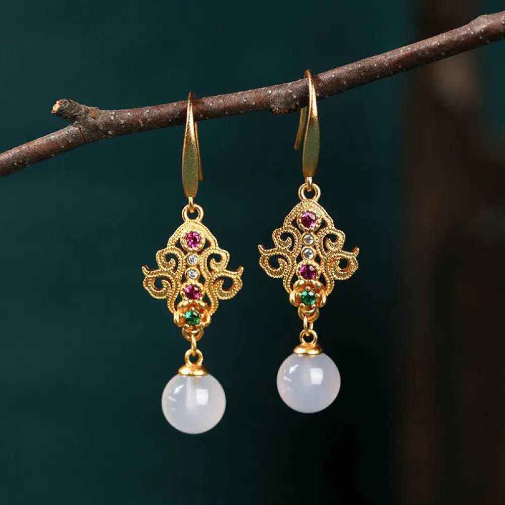 BWOOOH 24K Gold Plated Round Chalcedony Positive Dangle Drop Earrings — Gold Plated crystal healing bracelet for spiritual...