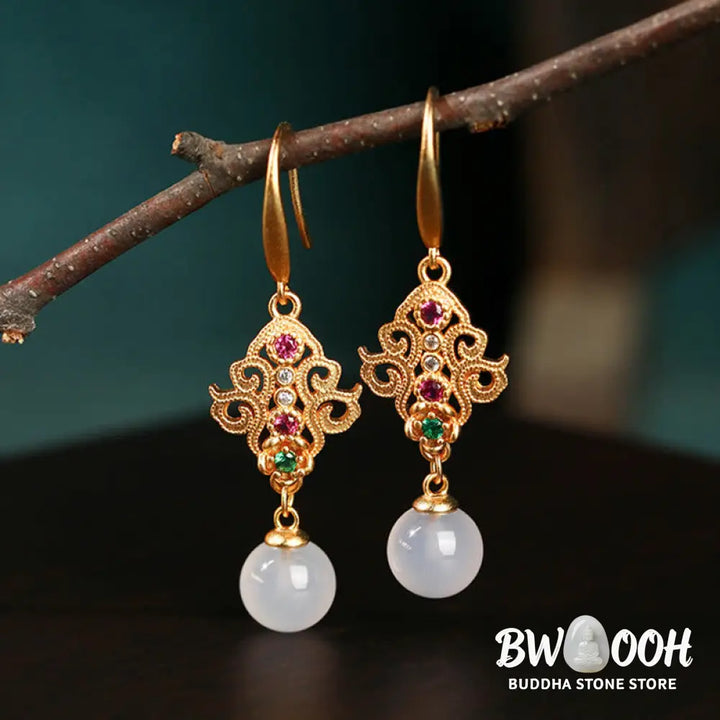 Buddha Stones 24K Gold Plated Round Chalcedony Positive Dangle Drop Earrings - Chalcedony(Positive♥Harmony) - Earrings
