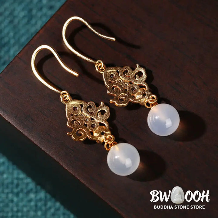 Buddha Stones 24K Gold Plated Round Chalcedony Positive Dangle Drop Earrings - Chalcedony(Positive♥Harmony) - Earrings