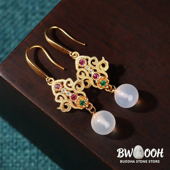 Buddha Stones 24K Gold Plated Round Chalcedony Positive Dangle Drop Earrings - Chalcedony(Positive♥Harmony) - Earrings