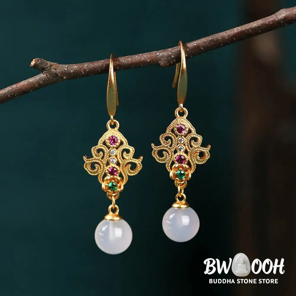 Buddha Stones 24K Gold Plated Round Chalcedony Positive Dangle Drop Earrings - Chalcedony(Positive♥Harmony) - Earrings