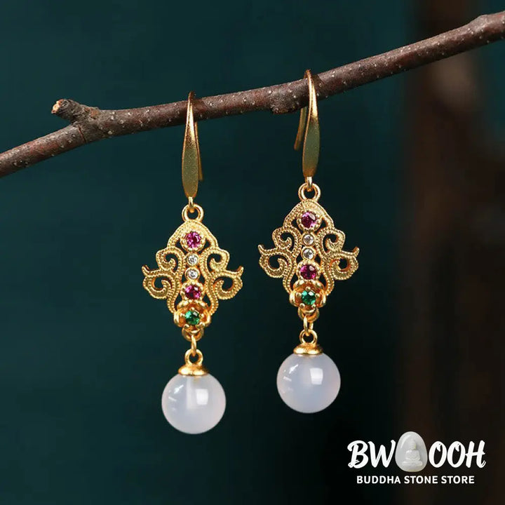 Buddha Stones 24K Gold Plated Round Chalcedony Positive Dangle Drop Earrings - Chalcedony(Positive♥Harmony) - Earrings