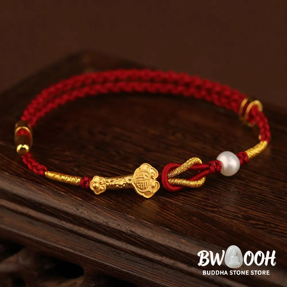 BWOOOH 24K Gold Wish Ruyi Handle Fu Character Rabbit Pearl Luck Braided Bracelet | spiritual healing bracelet