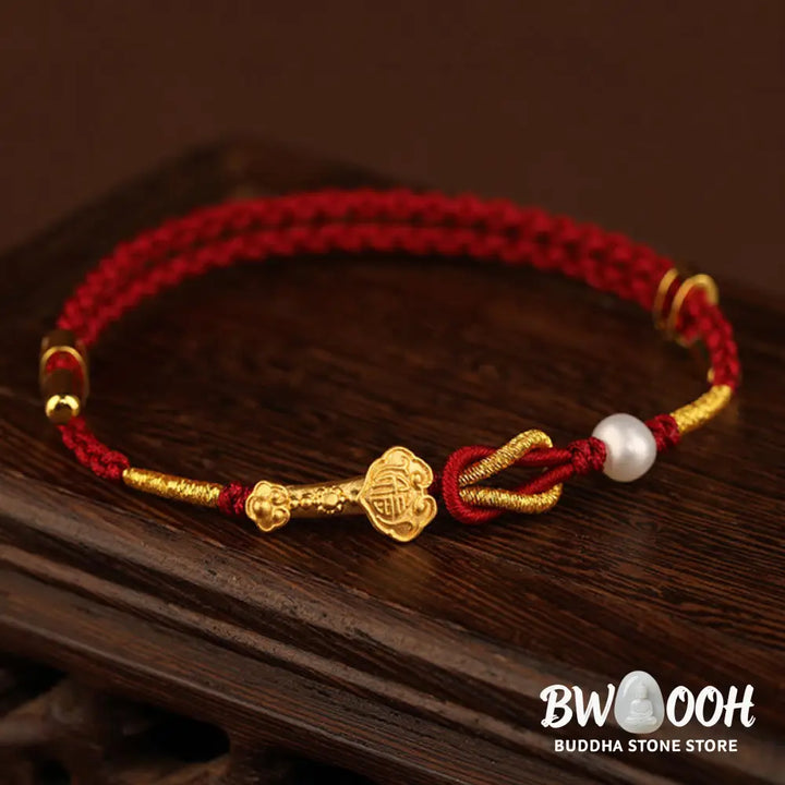 BWOOOH 24K Gold Wish Ruyi Handle Fu Character Rabbit Pearl Luck Braided Bracelet | spiritual healing bracelet
