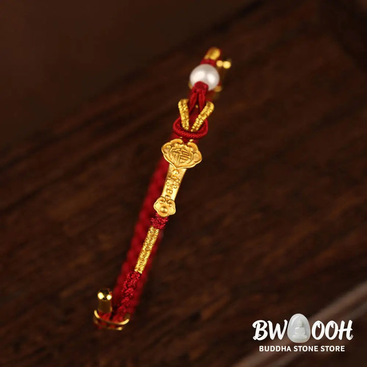 BWOOOH 24K Gold Wish Ruyi Handle Fu Character Rabbit Pearl Luck Braided Bracelet | spiritual healing bracelet