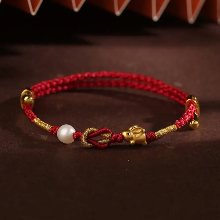 BWOOOH 24K Gold Wish Ruyi Handle Fu Character Rabbit Pearl Luck Braided Bracelet - 24K Gold Rabbit Pearl(Wrist