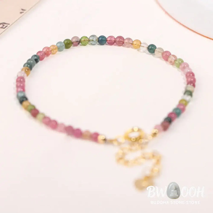 Buddha Stones 2mm Multicolor Tourmaline Ultra-thin Beads 14k Gold Plated Copper Wisdom Bracelet - BWOOOH - Bracelet