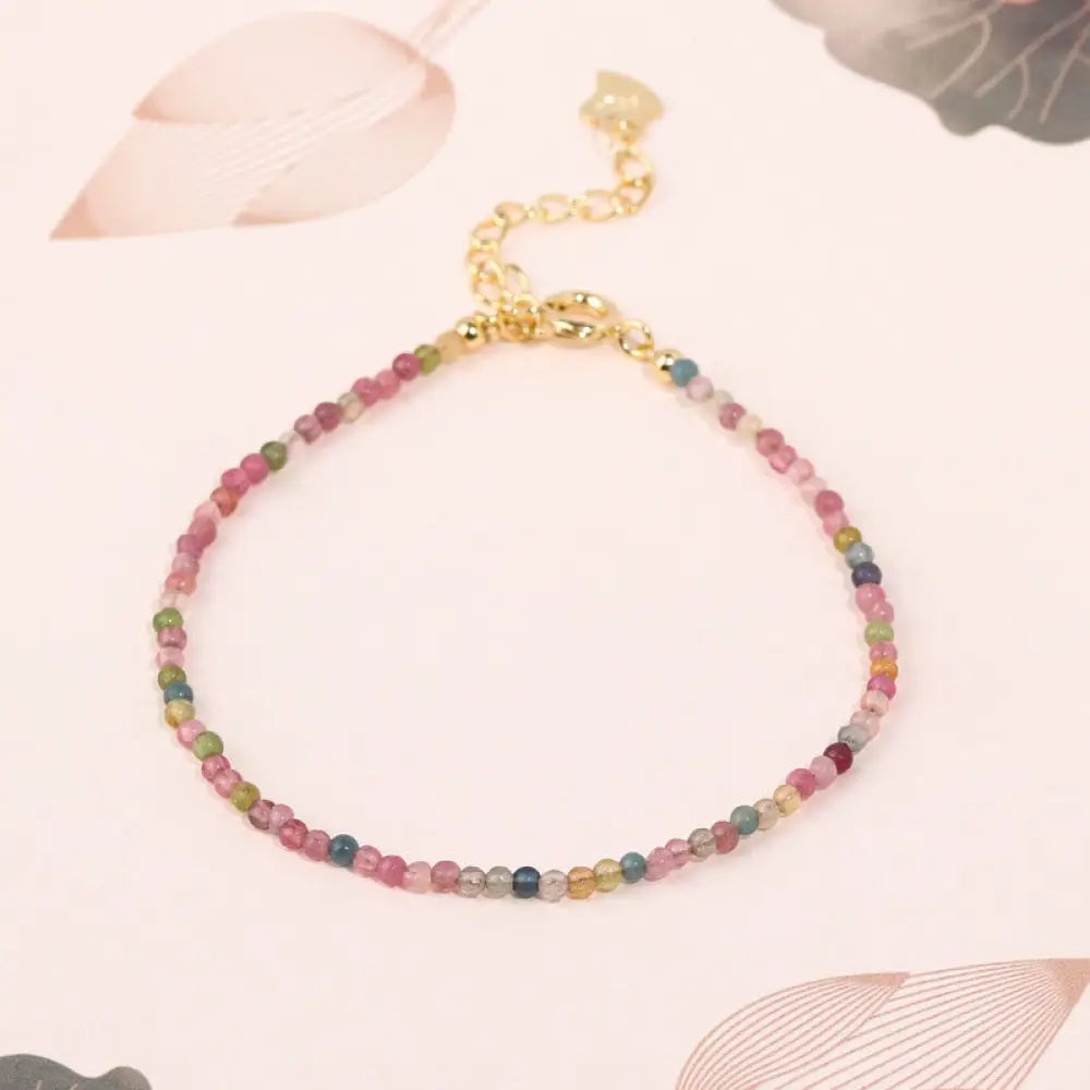 Buddha Stones 2mm Multicolor Tourmaline Ultra-thin Beads 14k Gold Plated Copper Wisdom Bracelet - BWOOOH - 2mm