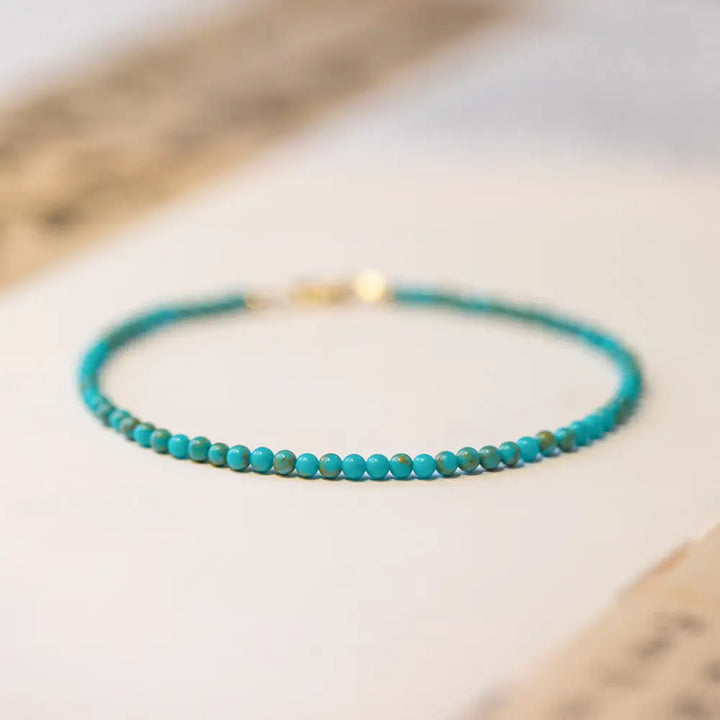 Buddha Stones 2mm Turquoise Ultra-thin Beads 14k Gold Plated Copper Wisdom Bracelet - BWOOOH - 2mm Turquoise(Wrist