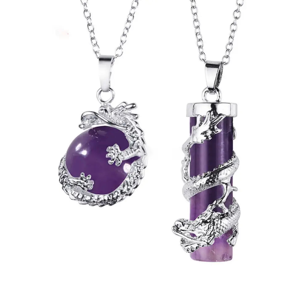 BWOOOH 2pc Dragon Wrapped Round Ball Gemstone Couple Necklace Pendant featuring black onyx stones with intricate dragon designs, signifying protection and spiritual balance for couples. Options for Amethyst, Pink Crystal, Tiger Eye, Opal. Stainless steel chain. - View 3