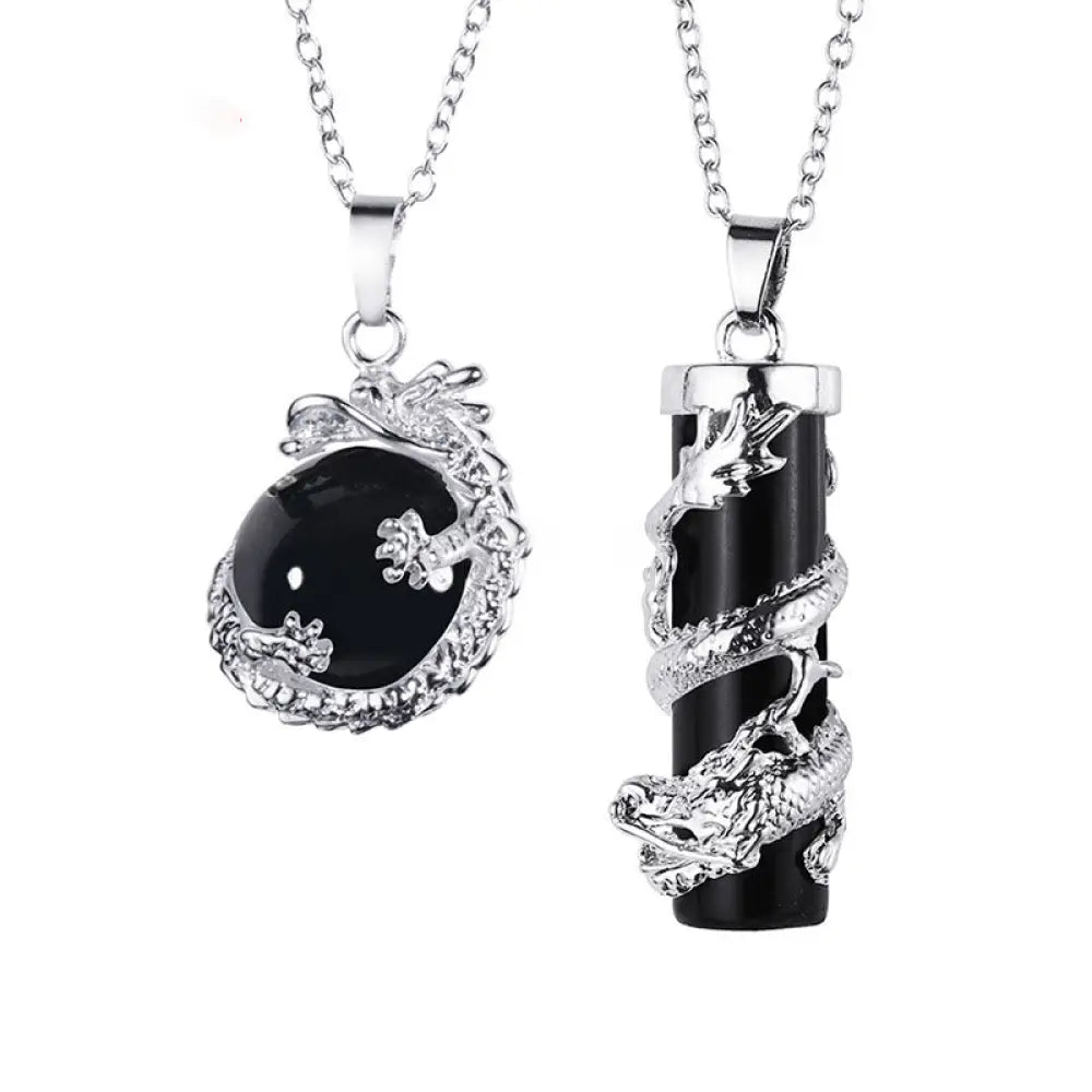 BWOOOH 2pc Dragon Wrapped Round Ball Gemstone Couple Necklace Pendant featuring black onyx stones with intricate dragon designs, signifying protection and spiritual balance for couples. Options for Amethyst, Pink Crystal, Tiger Eye, Opal. Stainless steel chain.