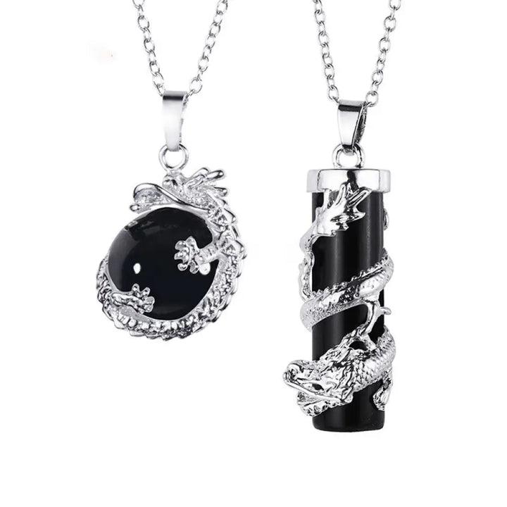 BWOOOH 2pc Dragon Wrapped Round Ball Gemstone Couple Necklace Pendant featuring black onyx stones with intricate dragon designs, signifying protection and spiritual balance for couples. Options for Amethyst, Pink Crystal, Tiger Eye, Opal. Stainless steel chain.