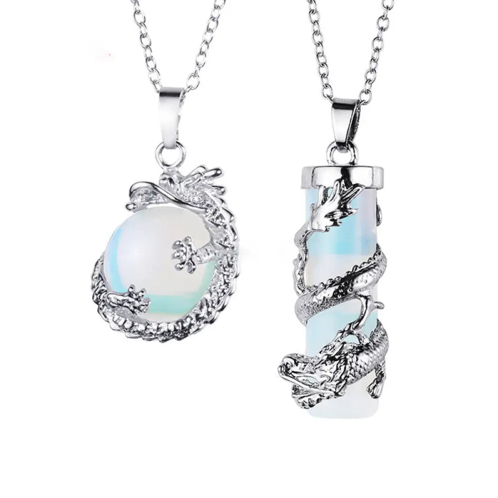 BWOOOH 2pc Dragon Wrapped Round Ball Gemstone Couple Necklace Pendant featuring black onyx stones with intricate dragon designs, signifying protection and spiritual balance for couples. Options for Amethyst, Pink Crystal, Tiger Eye, Opal. Stainless steel chain. - View 9