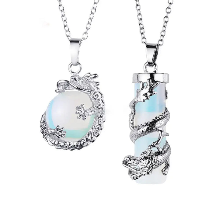 BWOOOH 2pc Dragon Wrapped Round Ball Gemstone Couple Necklace Pendant featuring black onyx stones with intricate dragon designs, signifying protection and spiritual balance for couples. Options for Amethyst, Pink Crystal, Tiger Eye, Opal. Stainless steel chain. - View 9