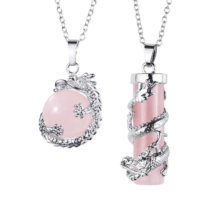 BWOOOH 2pc Dragon Wrapped Round Ball Gemstone Couple Necklace Pendant featuring black onyx stones with intricate dragon designs, signifying protection and spiritual balance for couples. Options for Amethyst, Pink Crystal, Tiger Eye, Opal. Stainless steel chain. - View 5