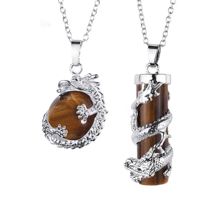 BWOOOH 2pc Dragon Wrapped Round Ball Gemstone Couple Necklace Pendant featuring black onyx stones with intricate dragon designs, signifying protection and spiritual balance for couples. Options for Amethyst, Pink Crystal, Tiger Eye, Opal. Stainless steel chain. - View 7