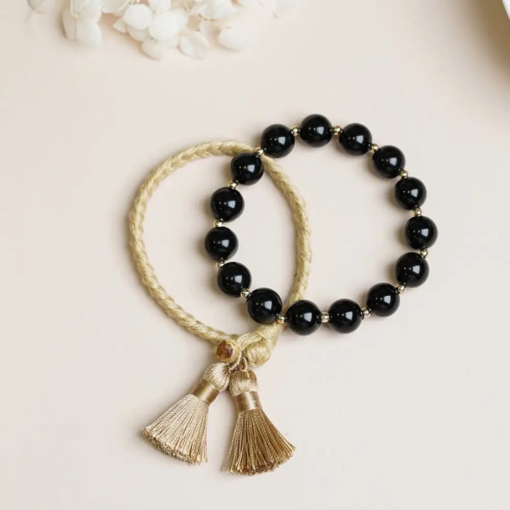 BWOOOH 2Pcs Black Onyx Bead Support Protection String Bracelet - BWOOOH - 14cm - Bracelet