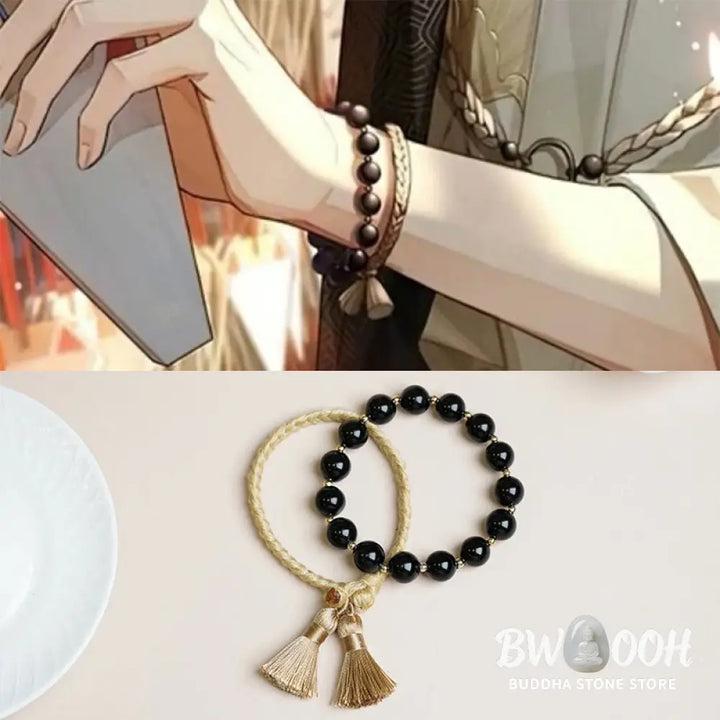 Buddha Stones 2Pcs Black Onyx Bead Support Protection String Bracelet - BWOOOH - Bracelet
