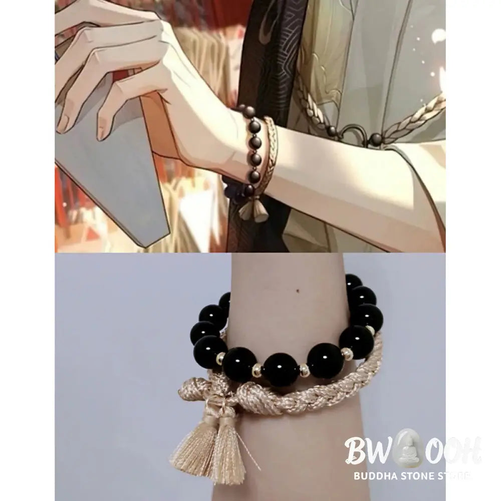 Buddha Stones 2Pcs Black Onyx Bead Support Protection String Bracelet - BWOOOH - Bracelet