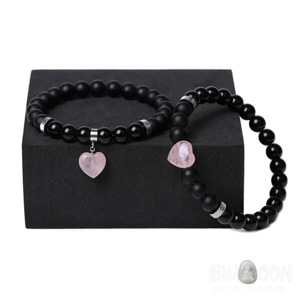 Buddha Stones 2Pcs Black Onyx Crystal Stone Love Heart Protection Support Couple Bracelet - BWOOOH - Bracelet