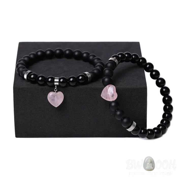 Buddha Stones 2Pcs Black Onyx Crystal Stone Love Heart Protection Support Couple Bracelet - BWOOOH - Bracelet