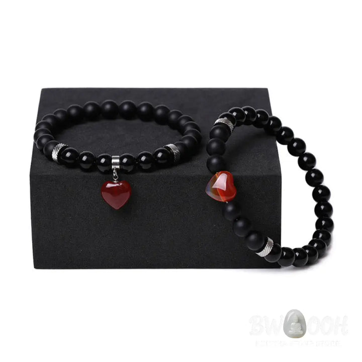 Buddha Stones 2Pcs Black Onyx Crystal Stone Love Heart Protection Support Couple Bracelet - BWOOOH - Bracelet