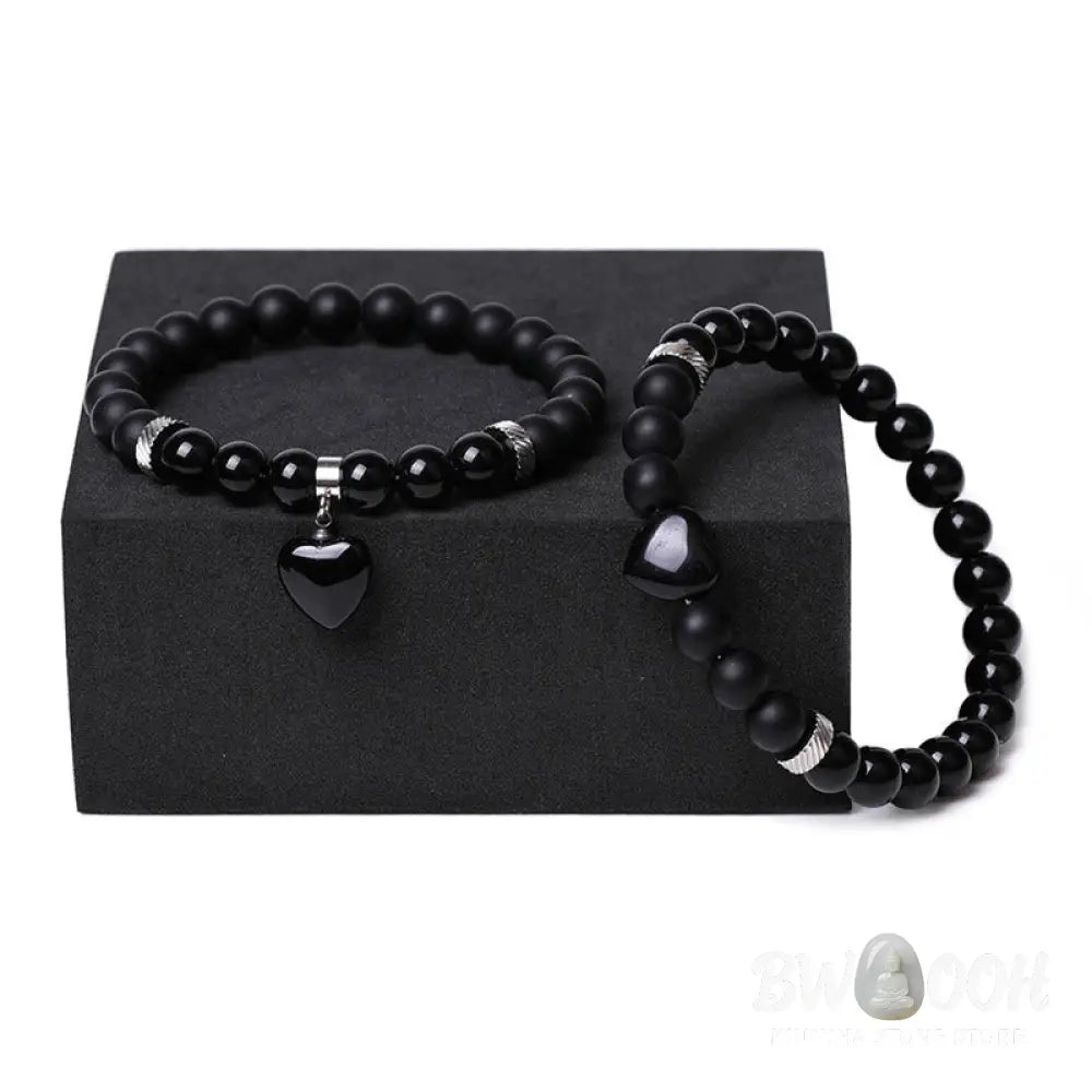 Buddha Stones 2Pcs Black Onyx Crystal Stone Love Heart Protection Support Couple Bracelet - BWOOOH - Bracelet