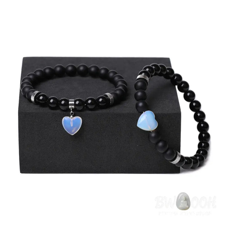 Buddha Stones 2Pcs Black Onyx Crystal Stone Love Heart Protection Support Couple Bracelet - BWOOOH - Bracelet