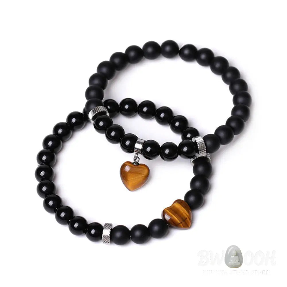 Buddha Stones 2Pcs Black Onyx Crystal Stone Love Heart Protection Support Couple Bracelet - BWOOOH - Bracelet