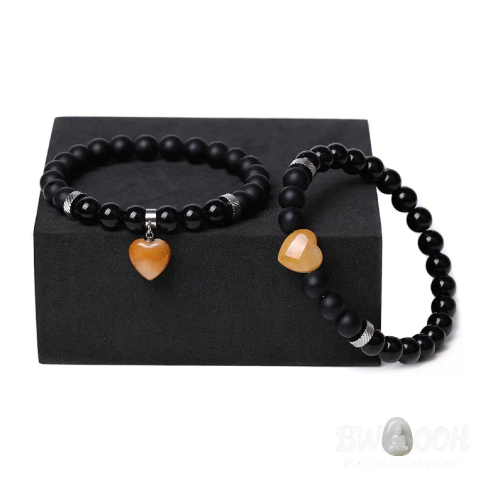 Buddha Stones 2Pcs Black Onyx Crystal Stone Love Heart Protection Support Couple Bracelet - BWOOOH - Bracelet
