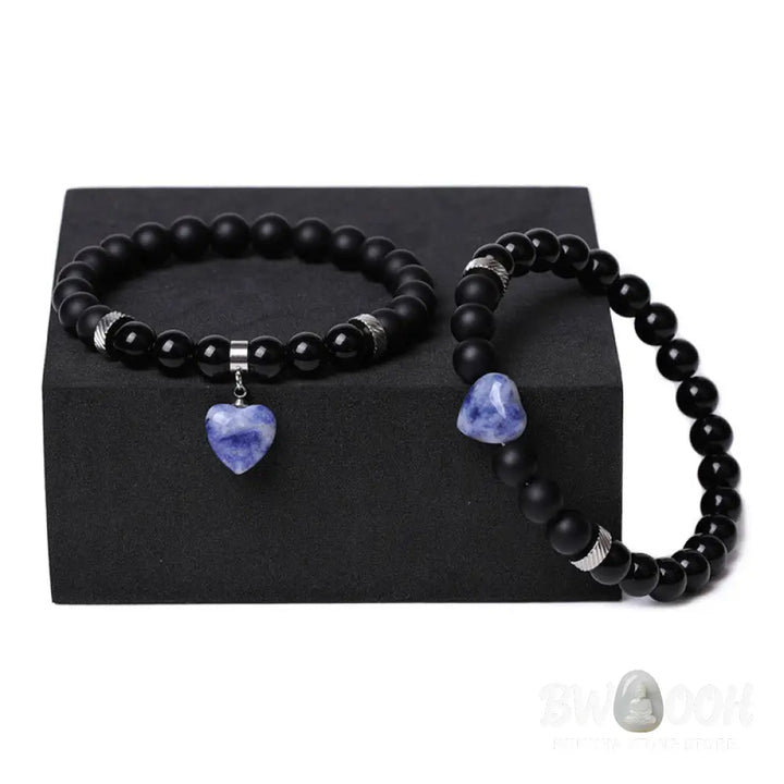 Buddha Stones 2Pcs Black Onyx Crystal Stone Love Heart Protection Support Couple Bracelet - BWOOOH - Bracelet
