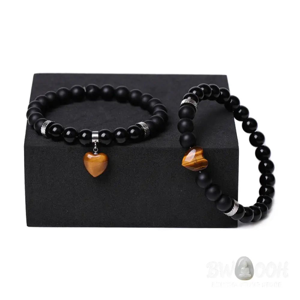 Buddha Stones 2Pcs Black Onyx Crystal Stone Love Heart Protection Support Couple Bracelet - BWOOOH - Bracelet