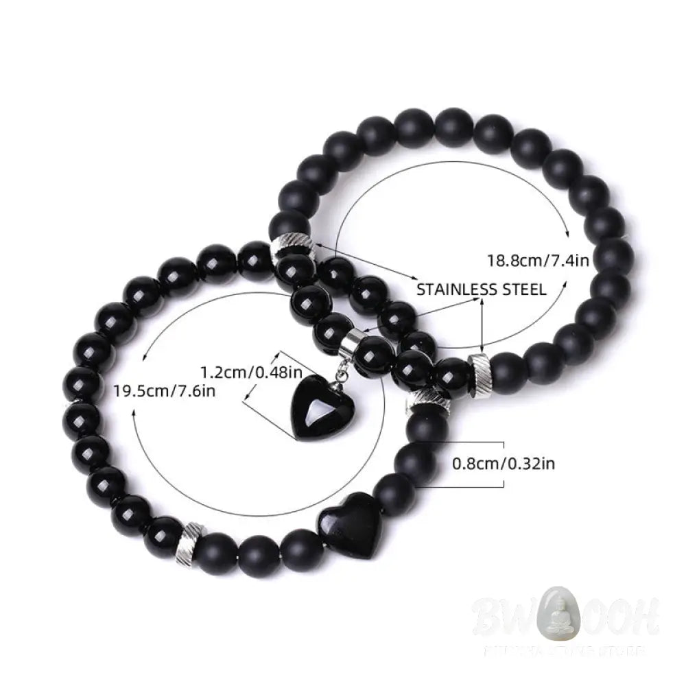 Buddha Stones 2Pcs Black Onyx Crystal Stone Love Heart Protection Support Couple Bracelet - BWOOOH - Bracelet