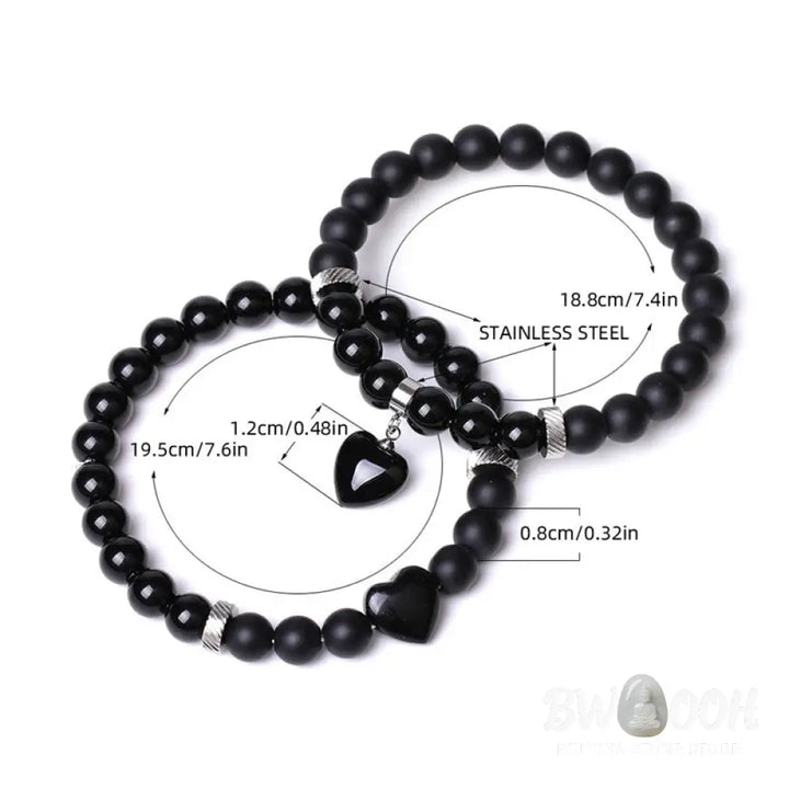 Buddha Stones 2Pcs Black Onyx Crystal Stone Love Heart Protection Support Couple Bracelet - BWOOOH - Bracelet