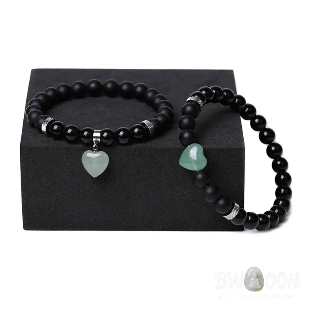 Buddha Stones 2Pcs Black Onyx Crystal Stone Love Heart Protection Support Couple Bracelet - BWOOOH - Bracelet